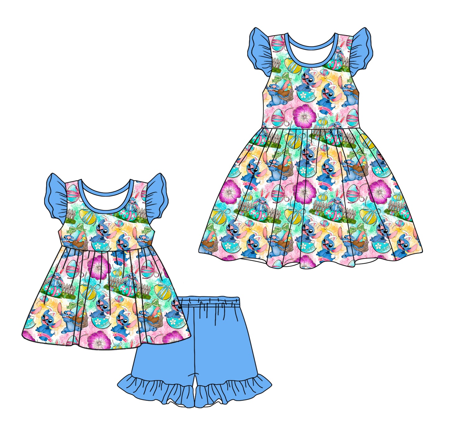 12.7 custom each style moq 5eta 4-6week Sibling Sister STITCH baby girl short sleeve shorts sets and dresses match design