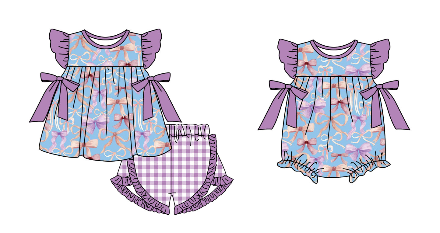 11.3 custom each style moq 5eta 4-6week Sibling Sister bow purple baby girl short sleeve shorts sets and rompers match design