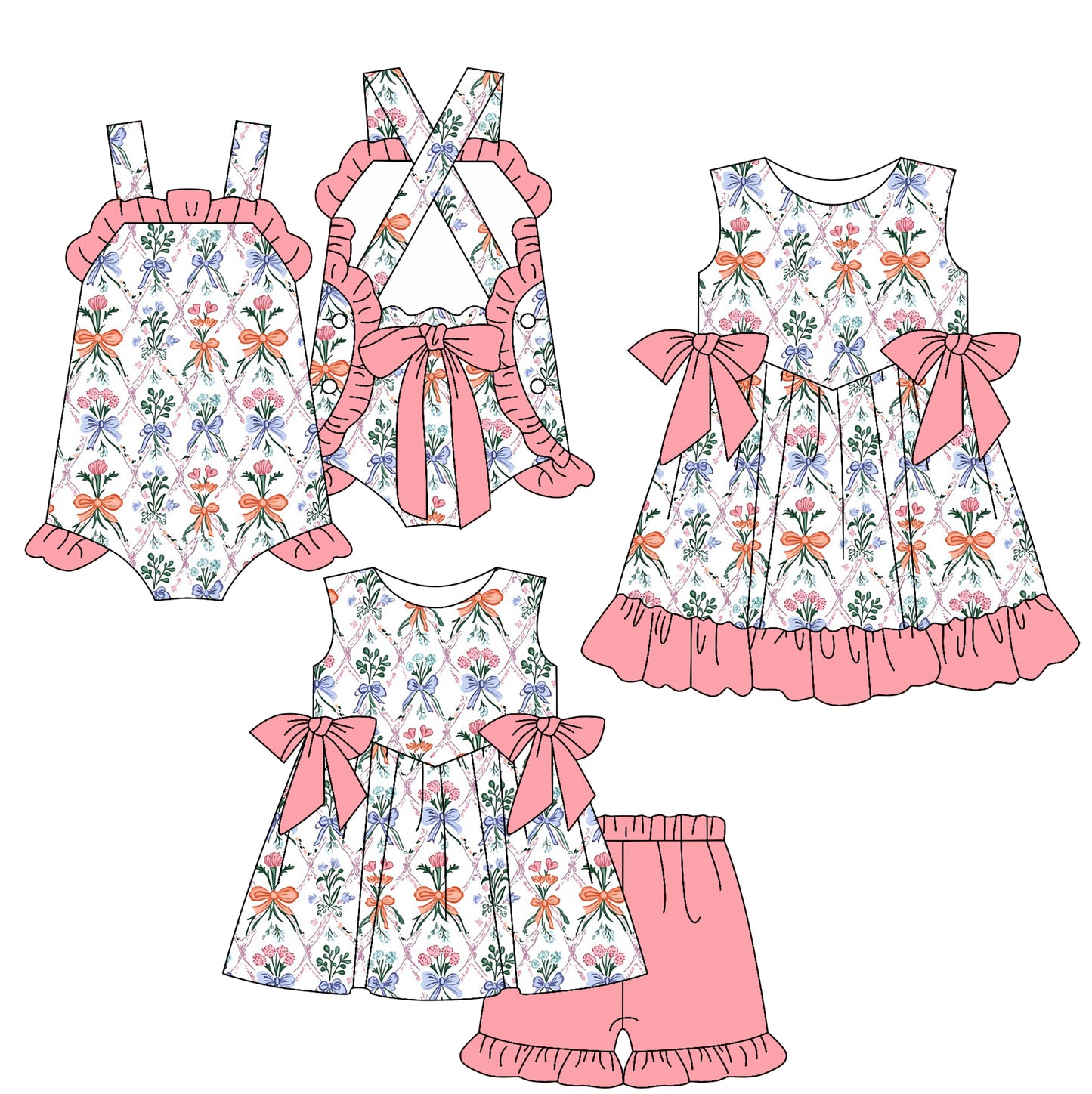 2.17 custom each style moq 5eta 4-6week Sibling Sisters floral baby girl short sleeve shorts sets and dress and rompers match family design