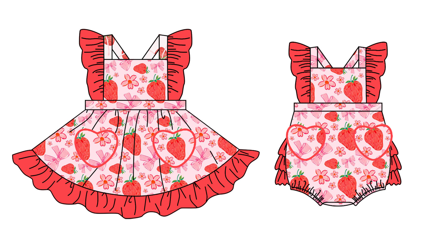 11.11 custom each style moq 5eta 4-6week Sibling Sister strawberry floral baby girl short sleeve dress and rompers match family design