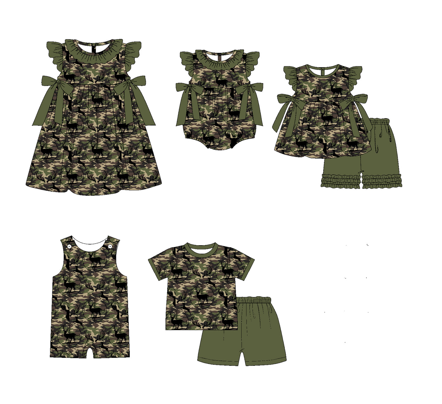 11.19 custom each style moq 5eta 4-6week Sibling Sister camouflage baby girl short sleeve shorts sets and sets 2 and girls romper and boy romper and dress match design