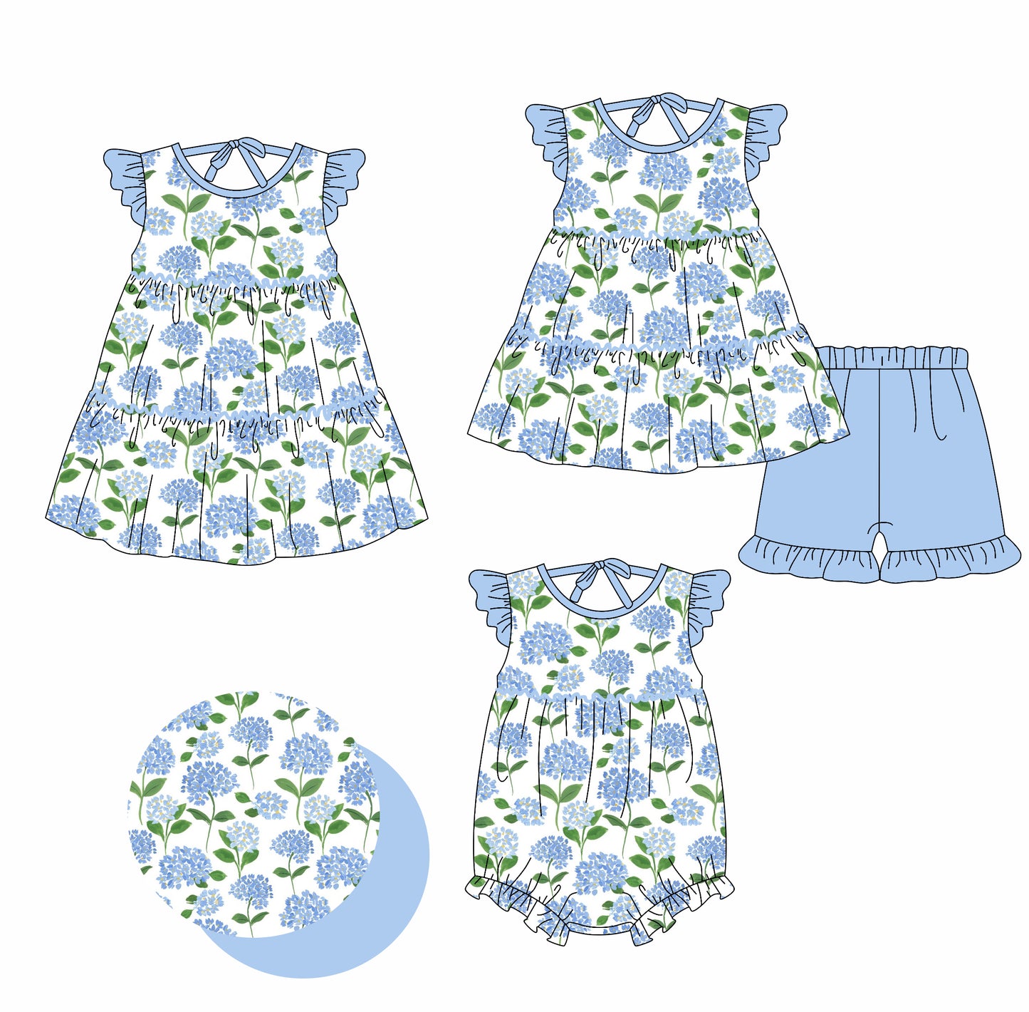 2.18 custom each style moq 5eta 4-6week Sibling Sisters floral baby girl short sleeve shorts sets and dress and rompers match family design