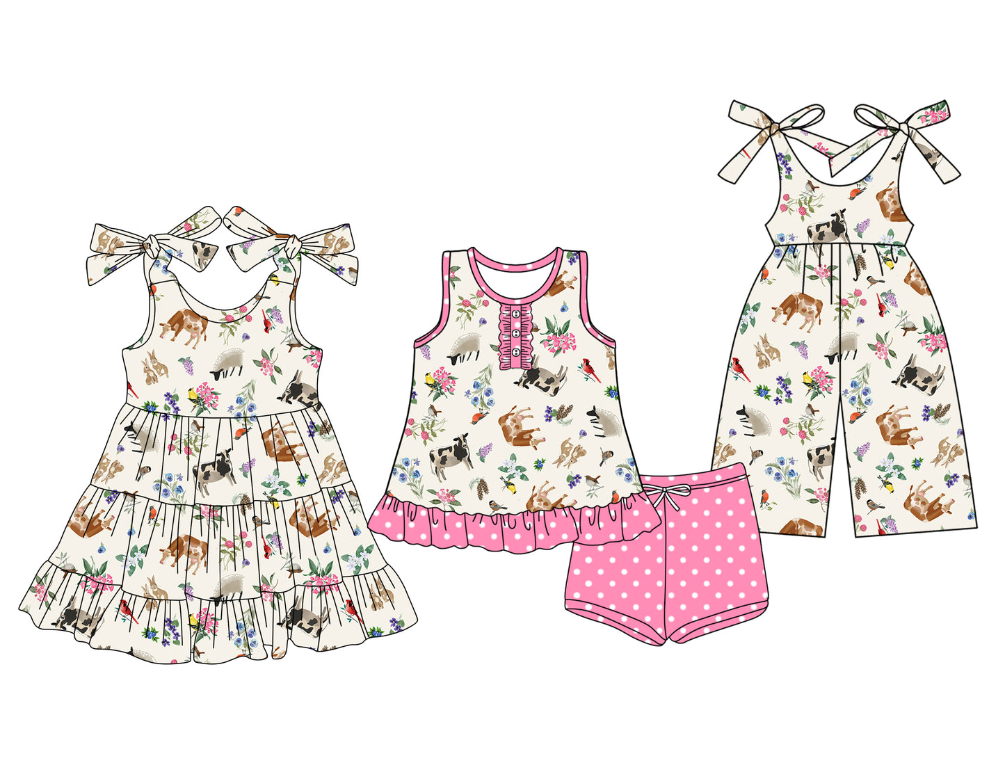 3.19 custom each style moq 5eta 4-6week Sibling Sister cow horse baby girl short sleeve shorts sets and dresses and jumpsuit match design