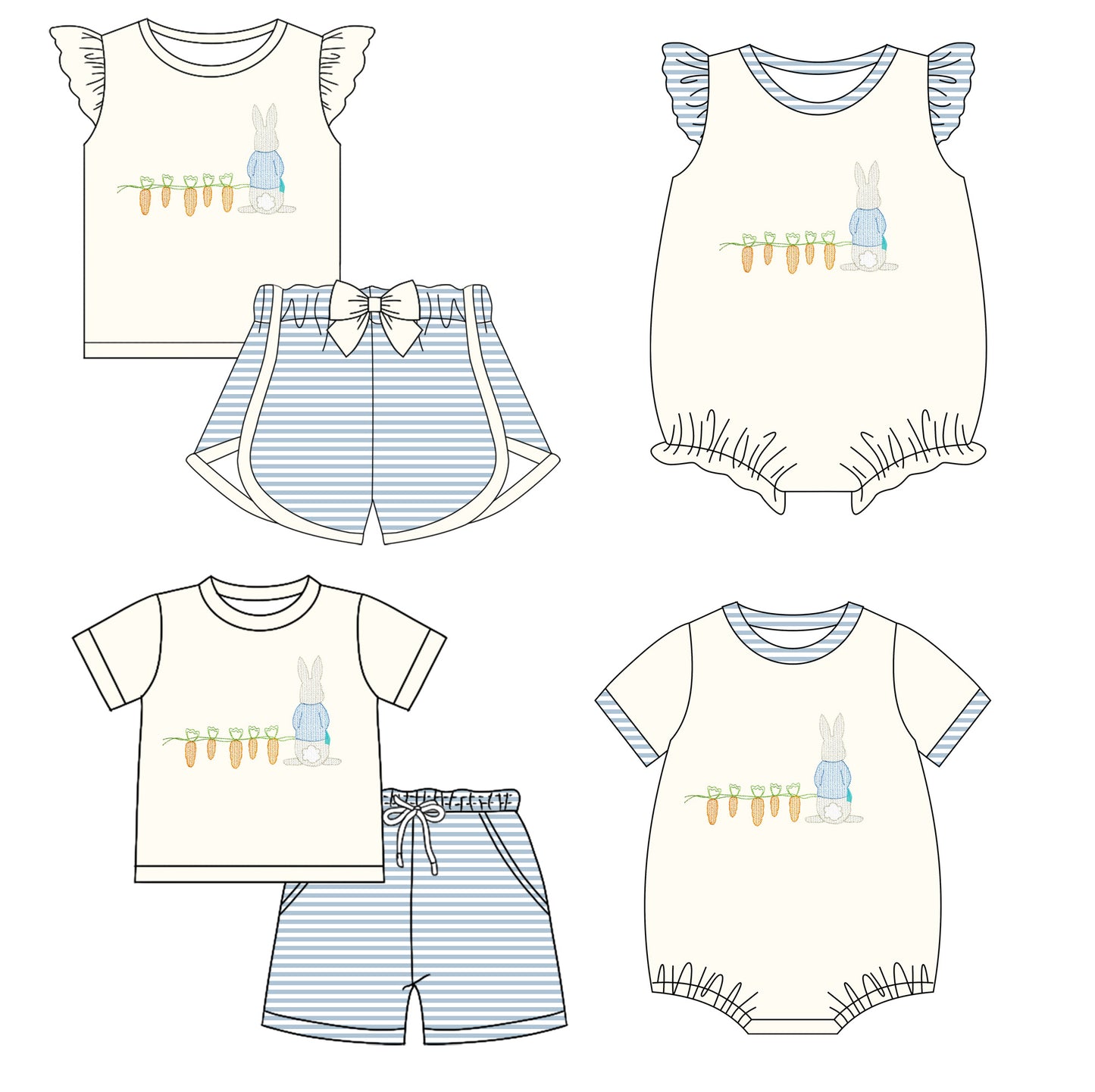 11.27 custom each style moq 5eta 4-6week Sibling Sister easter bunny baby girl short sleeve shorts sets and sets 2 and girls romper and boy romper match design