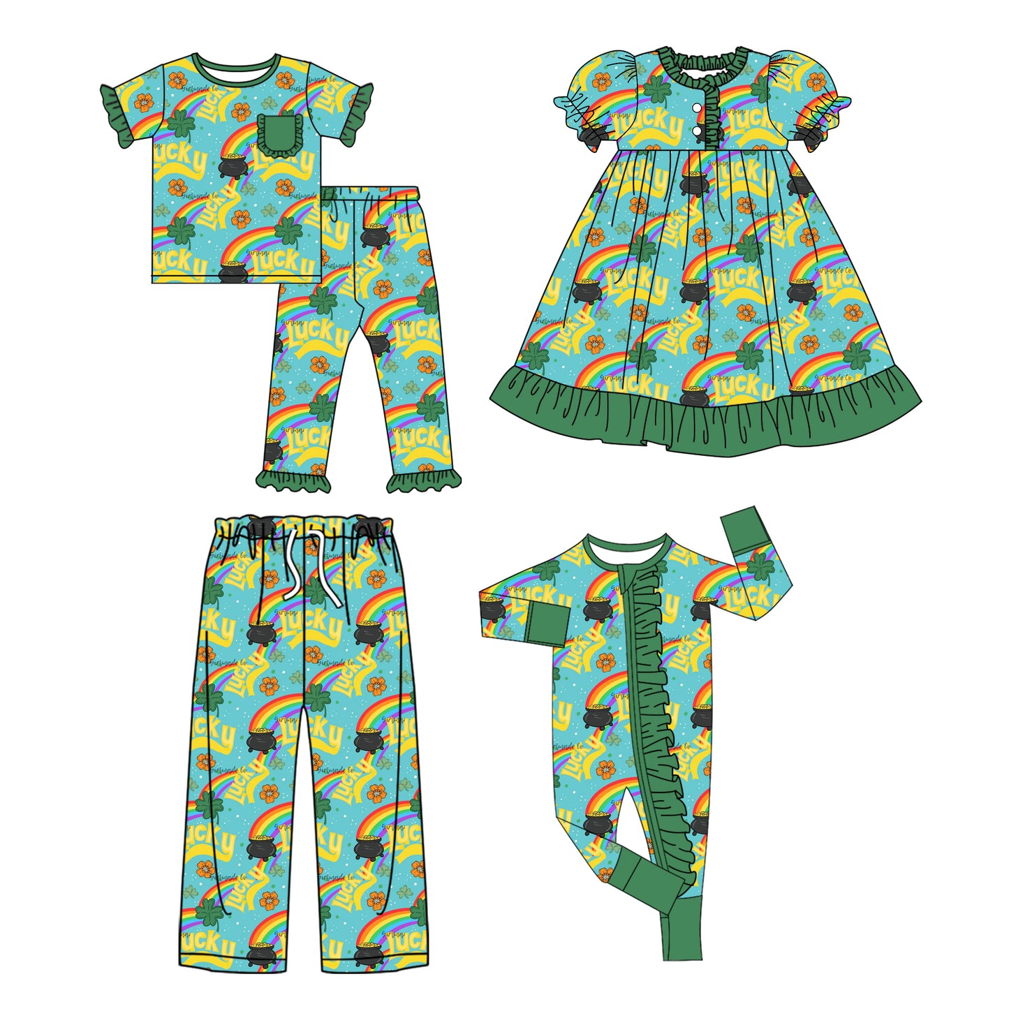 25.9.25 custom each style moq 8 eta 6-8week Sibling Sister rainbow baby short sleeve pants sets and romper and dress and adult pants match design