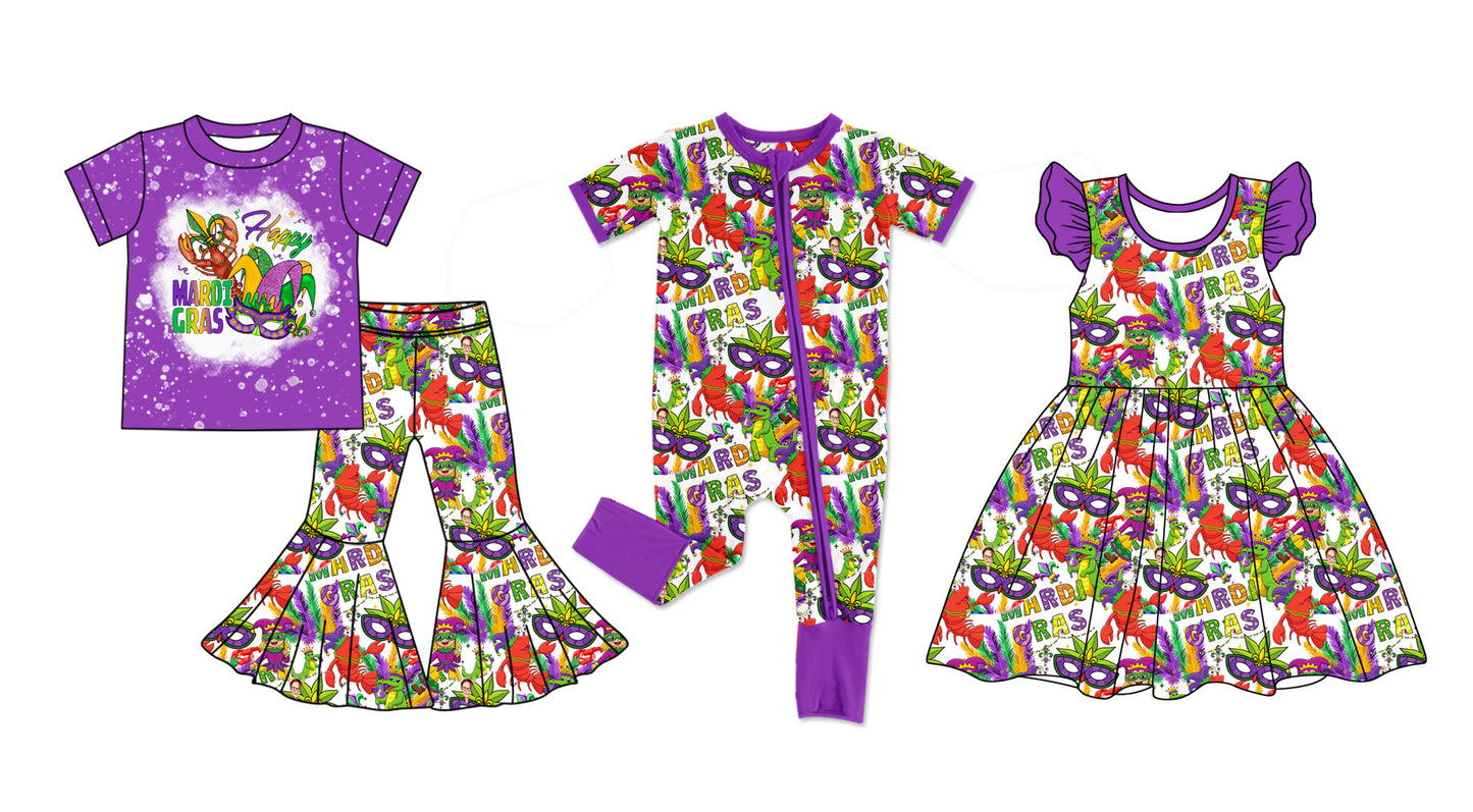 12.11 custom each style moq 5eta 4-6week Sibling Sister mardi gras purple baby girl sets and dress and rompers match family design