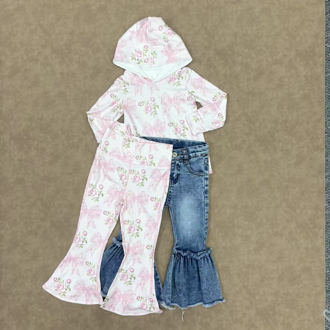 RTS NO MOQ Waffle Ice Cream Royal Blue Hooded Long-Sleeved Top Plaid Denim Pants set