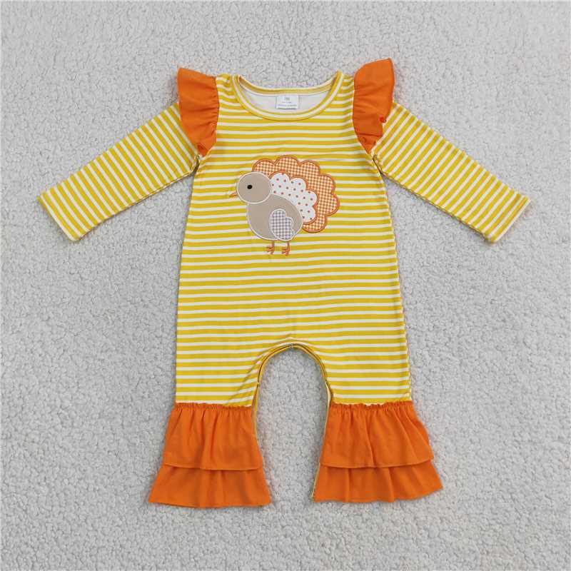 Baby Girls Thanksgiving Patchwork Turkey Yellow Striped Ruffle Romper & Tunic Pants Set Collection
