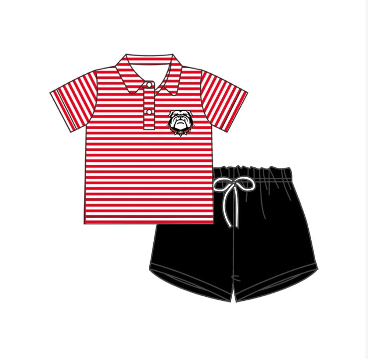 Deadline September 20 custom no moq eta 6-8weeks Red Striped Button Stand Collar Short Sleeve-Black Drawstring Shorts Set