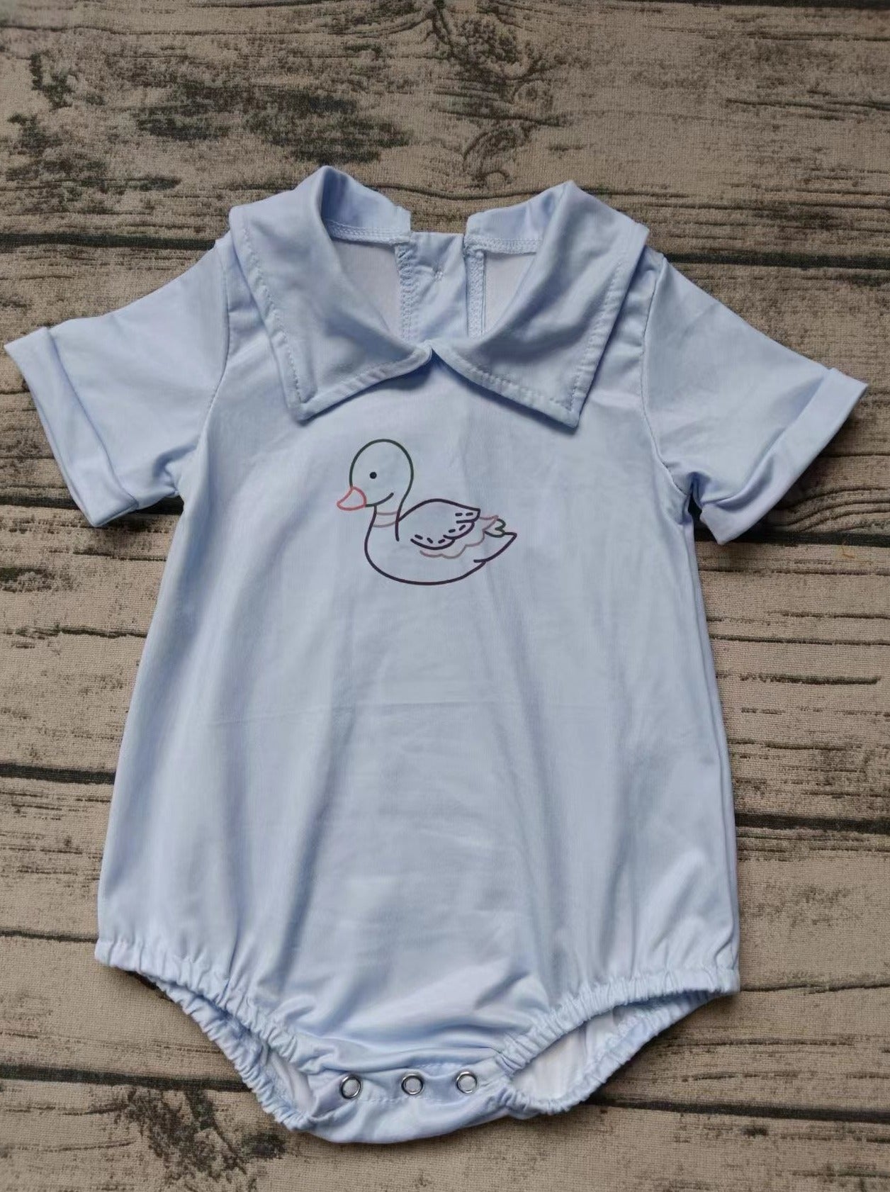 custom moq 5 eta 4-6weeks mix size baby boys clothes duck blue short sleeve summer Romper