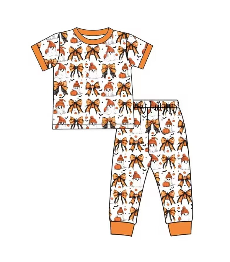 Custom moq 3 eta 6-8weeks baby boys clothes ghost Pumpkin orange Short Sleeve Long Pants Pajama Set