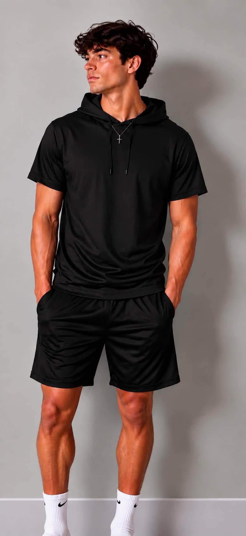 custom moq 5 mix size CIBS01 Adult To Match Kids Solid Black Short Sleeve Hoodie And Drawstring Shorts Casual Sports Set