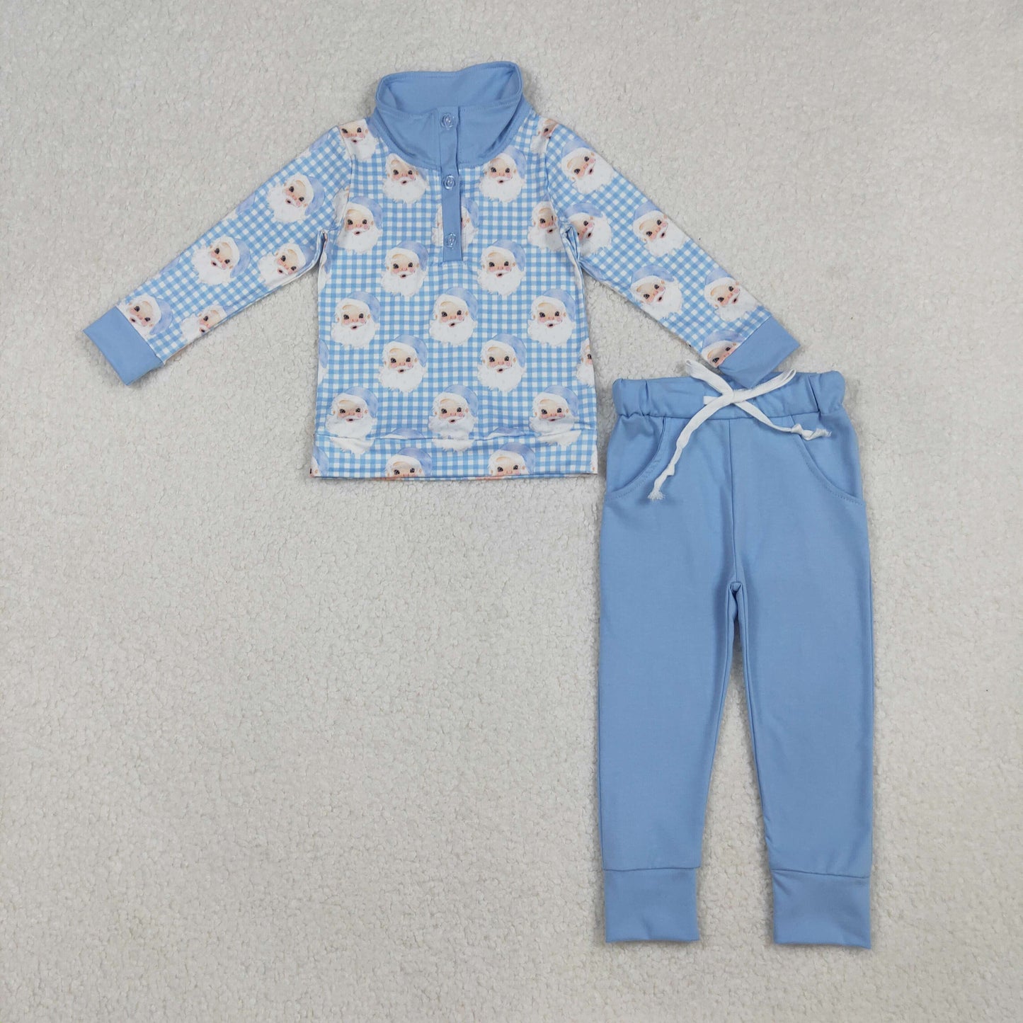 12/18m-7/8t RTS NO MOQ(In Stock) BLP1295 Santa Claus blue plaid button-down long-sleeved pants set
