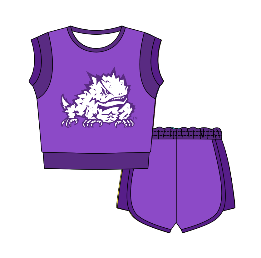 Custom moq 5 mix size milk silk summer teams Purple Sleeveless O-Neck Top And Shorts Set Cute And Comfortable Kids' Outfit