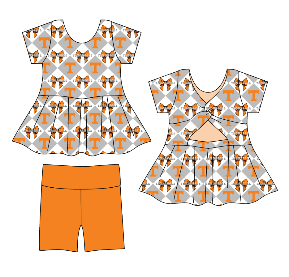Custom moq 5 mix size orange Plaid Baby Girl's Short-Sleeved Shirt And Shorts Team Outfit Children's Clothing Set for Girls