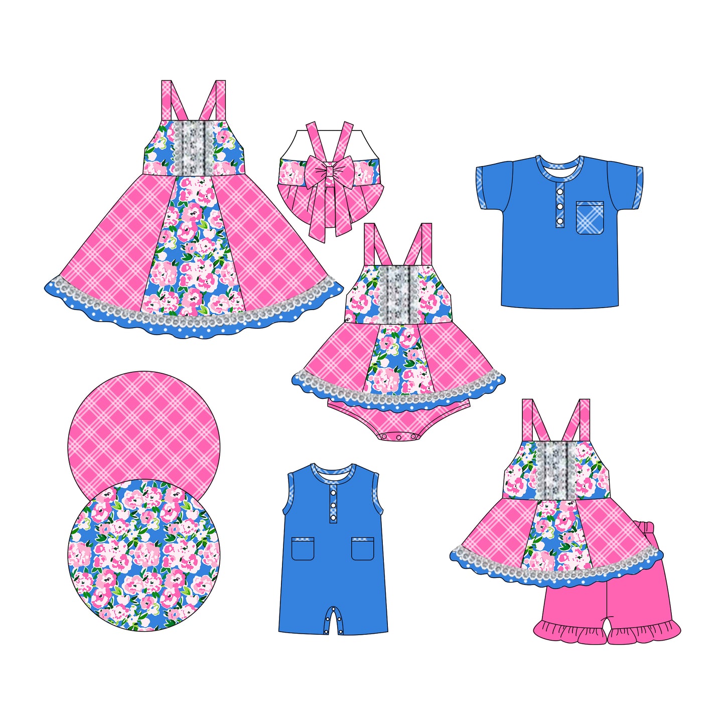 3.6 custom each style moq 5eta 4-6week Sibling Sisters floral baby girl short sleeve shorts sets and dress and rompers match family design