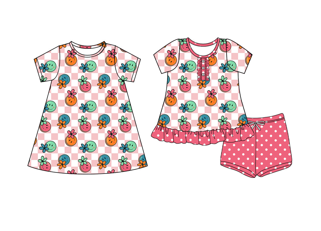 4.15 custom each style moq 5eta 4-6week Sibling Sister smiley floral baby girl short sleeve shorts sets and dresses match design