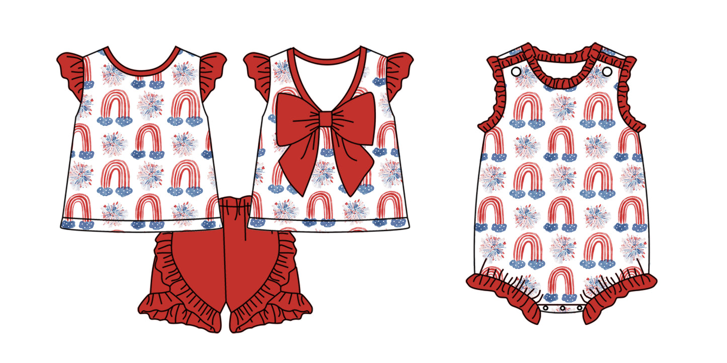 2.10 custom each style moq 5eta 4-6week Sibling Sister rainbow baby girls short sleeve shorts sets and romper match design