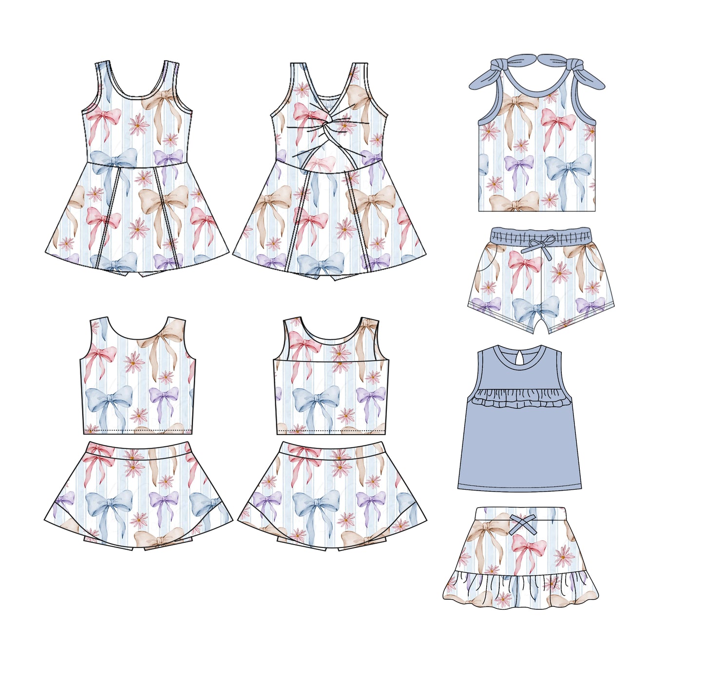 3.22 custom each style moq 5eta 4-6week Sibling Sister bow baby girls clothes Short Sleeve shorts sets and dress and yoga dress 1 and dress 2 match family design