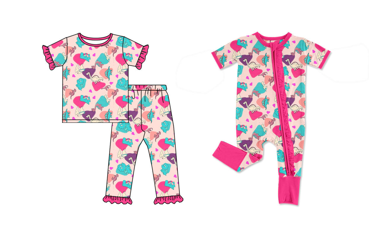 11.6 custom each style moq 5eta 4-6week Sibling Sister dinosaur love baby girls short sleeve sets and rompers match design