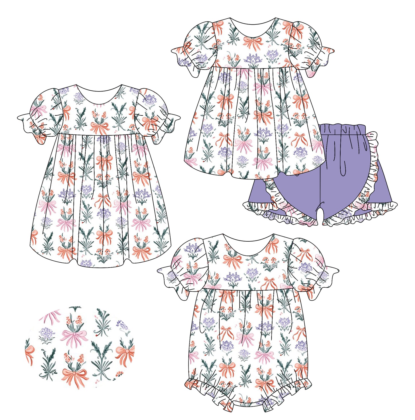 2.17 custom each style moq 5eta 4-6week Sibling Sisters floral baby girl short sleeve shorts sets and dress and rompers match family design
