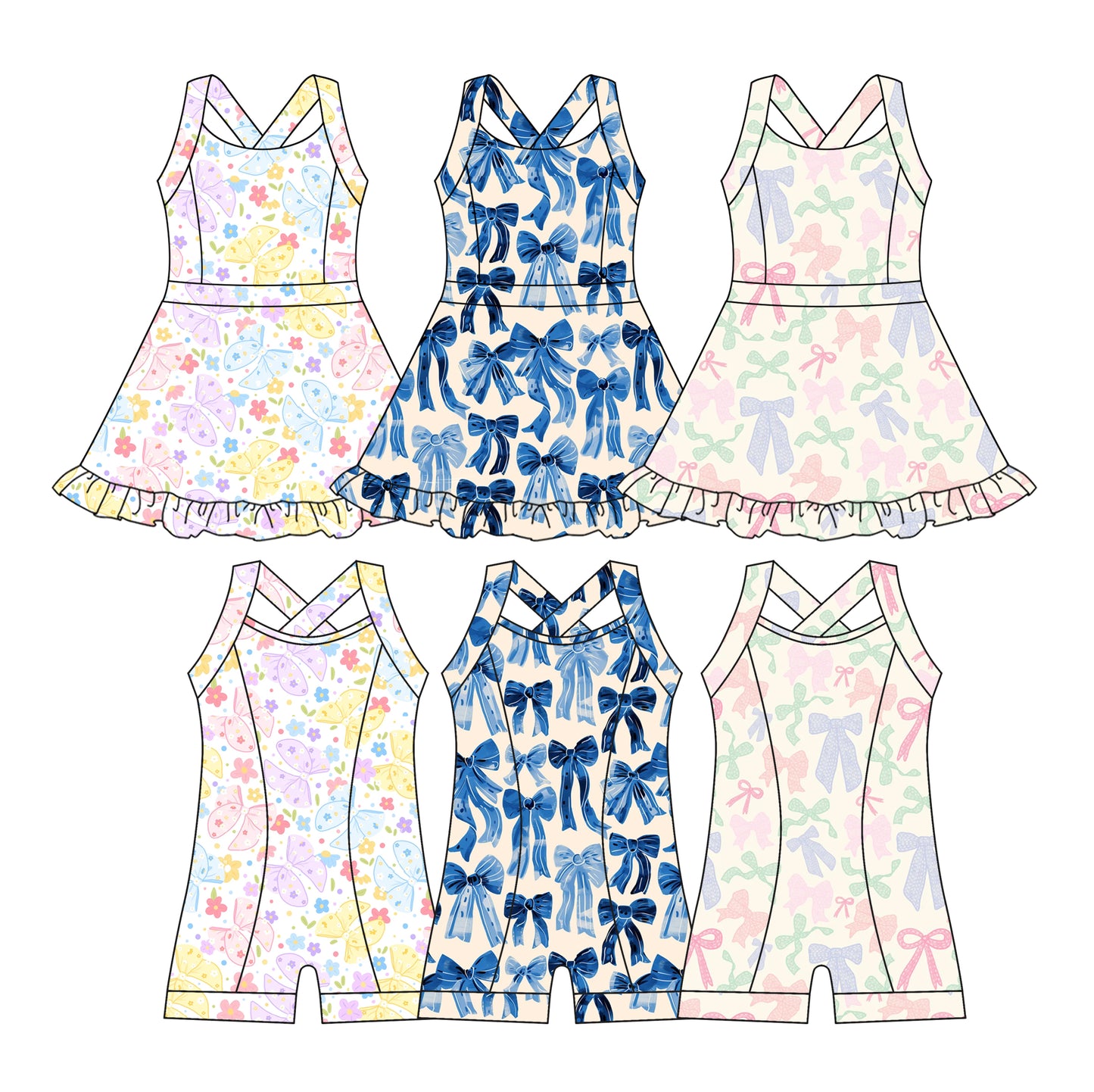 3.24 custom each style moq 5eta 4-6week Sibling Sister floral bow baby girls clothes Short sleeve yoga dress and yoga jumpsuit match family design