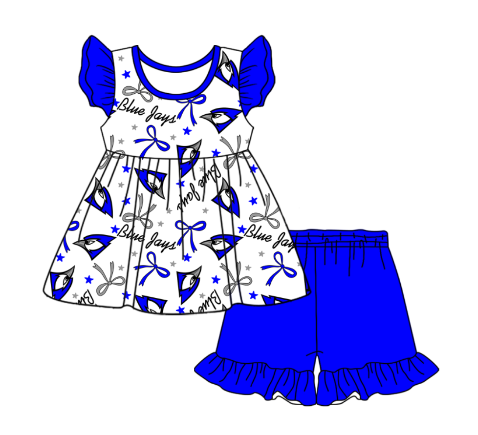 custom moq 3 eta 6-7weeks baby girls clothes team bow blue short Sleeves Shorts Set