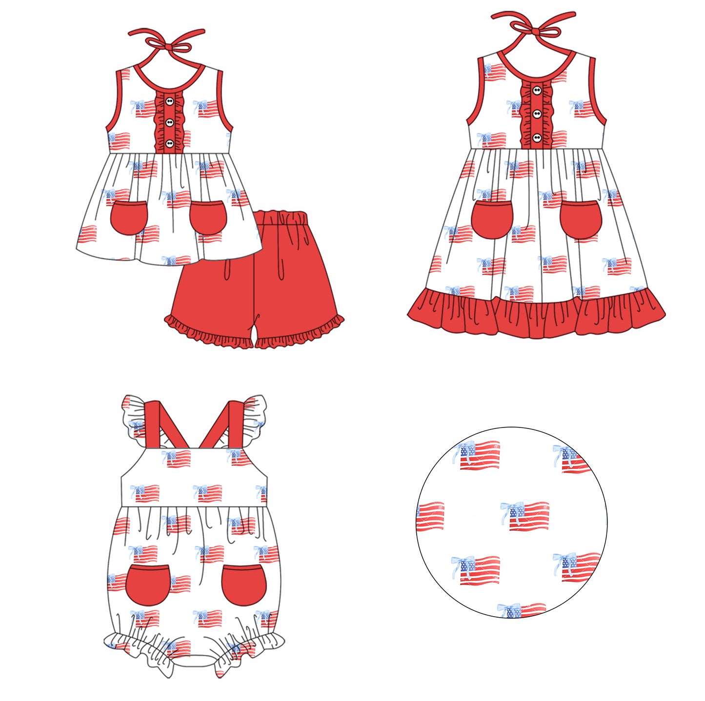 11.26 custom each style moq 5eta 4-6week Sibling Sister 4th of july baby girl short sleeve shorts sets and dress and rompers match family design