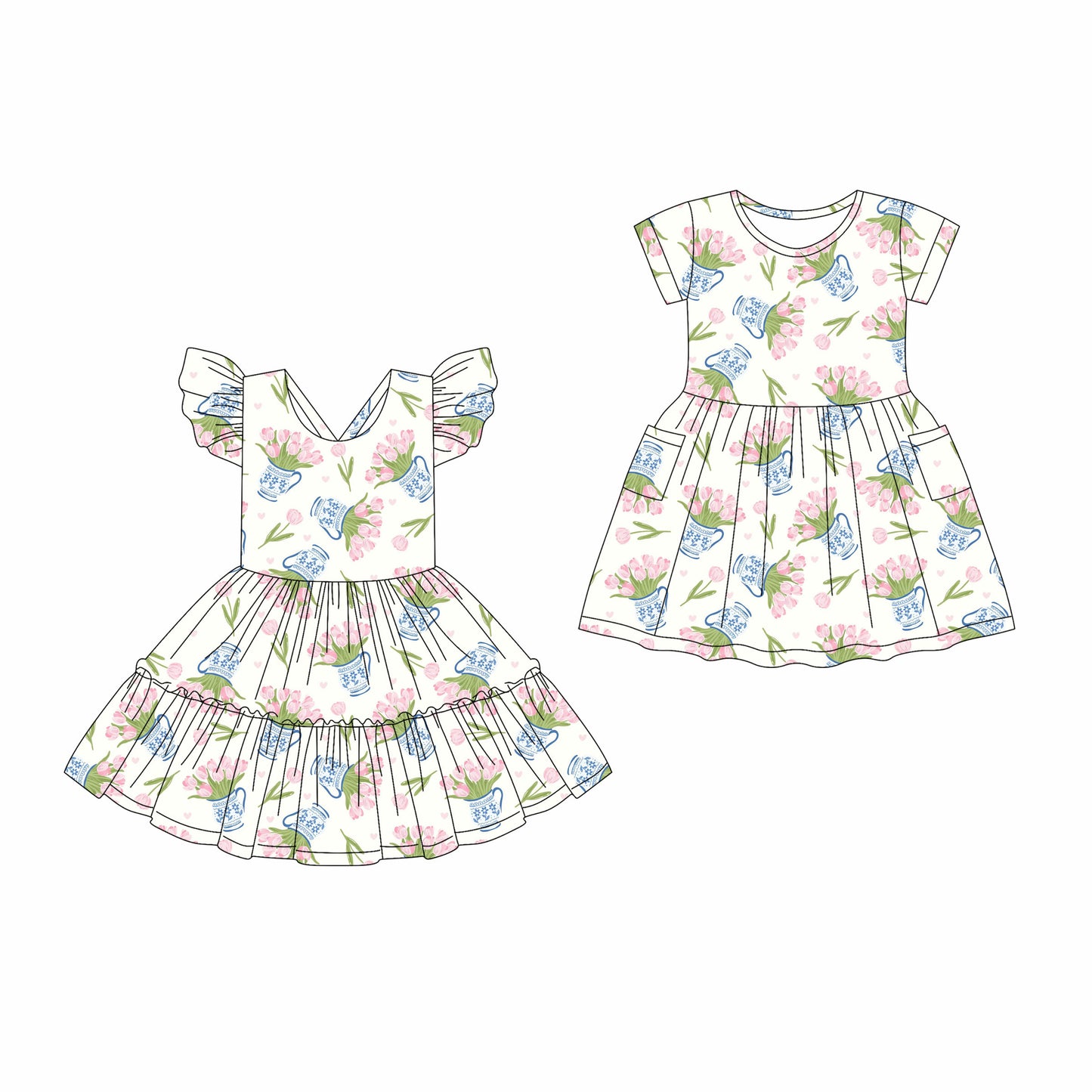 4.17 custom each style moq 5eta 4-6week Sibling Sister floral baby girls clothes Short sleeve dress 1 and dress 2 match family design