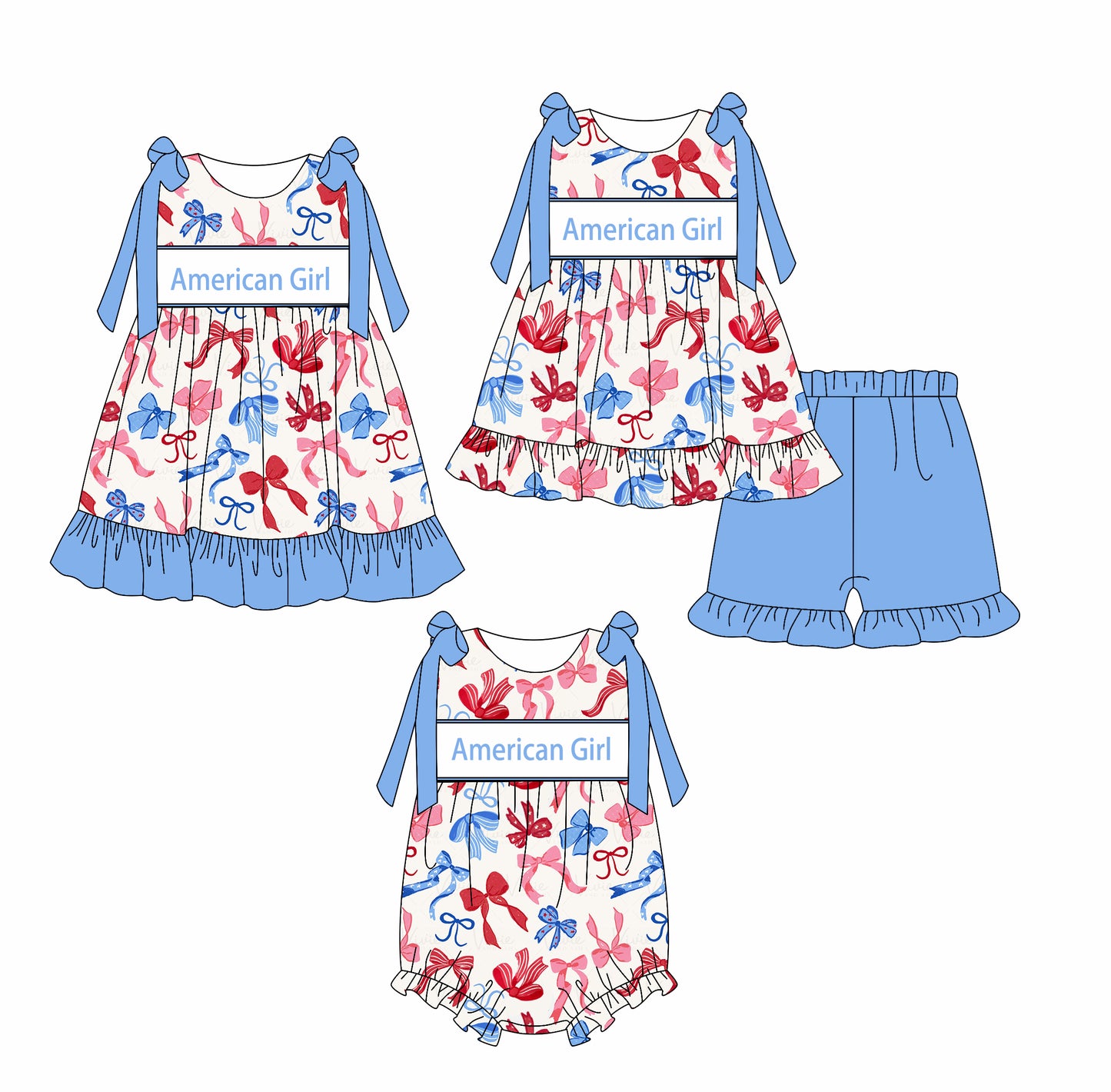 2.19 custom each style moq 5eta 4-6week Sibling Sisters American Girl bow baby girl short sleeve shorts sets and dress and rompers match family design