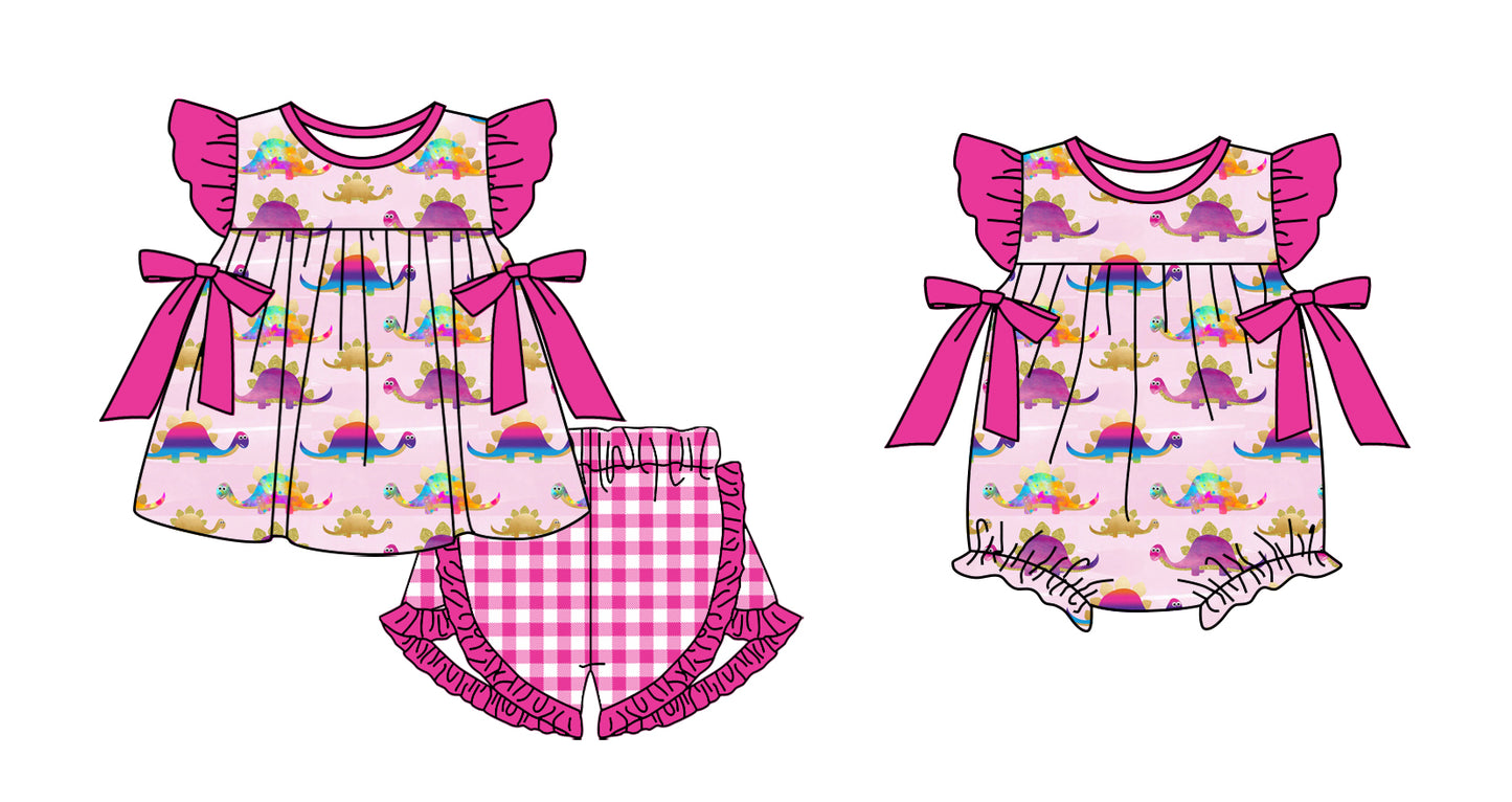 11.3 custom each style moq 5eta 4-6week Sibling Sister dinosaur baby girl short sleeve shorts sets and rompers match design