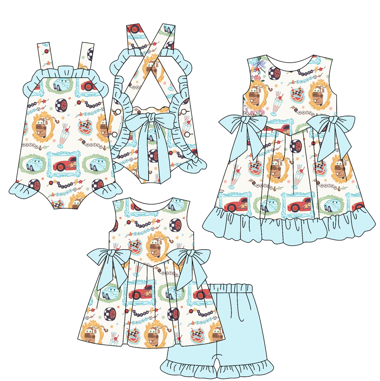 2.17 custom each style moq 5eta 4-6week Sibling Sisters cars baby girl short sleeve shorts sets and dress and rompers match family design