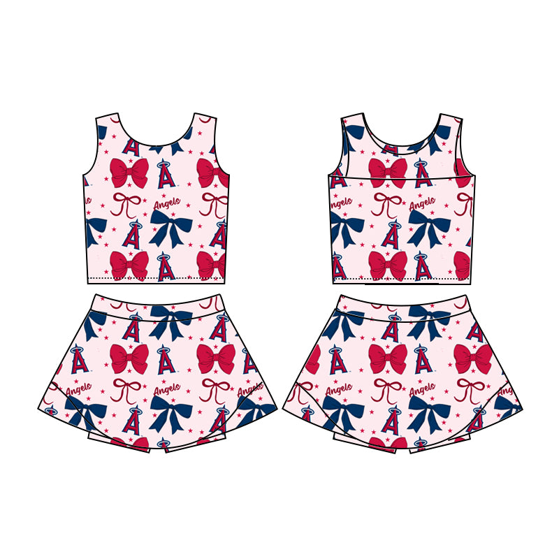 Custom moq 5 mix sizes summer teams baby girls clothes team bow red sleeveless skirts shorts sets-25.6.20