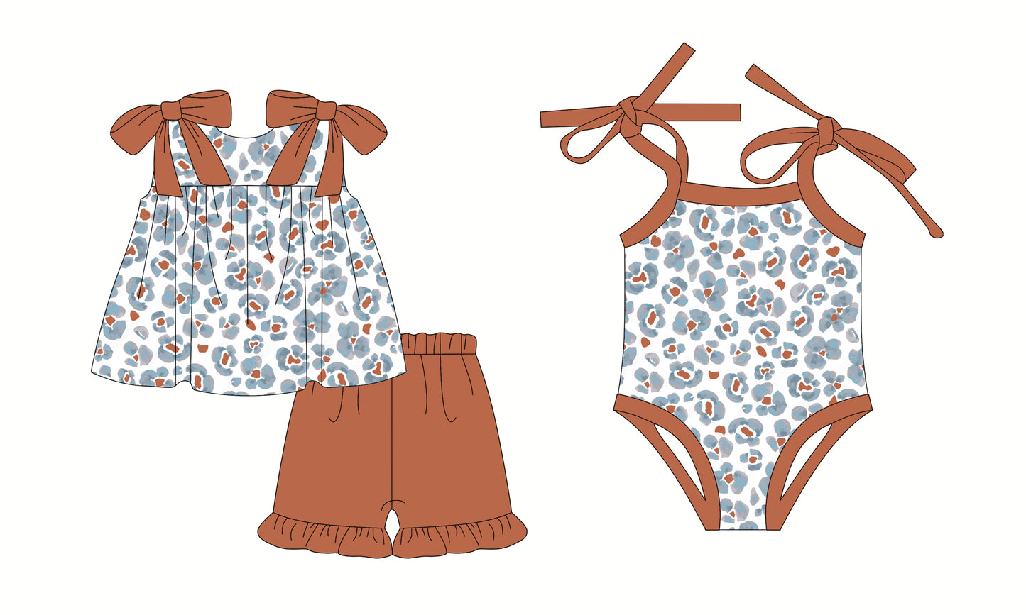 2.24 custom each style moq 5eta 4-6week Sibling Sister leopard baby girl short sleeve shorts sets and romper match design