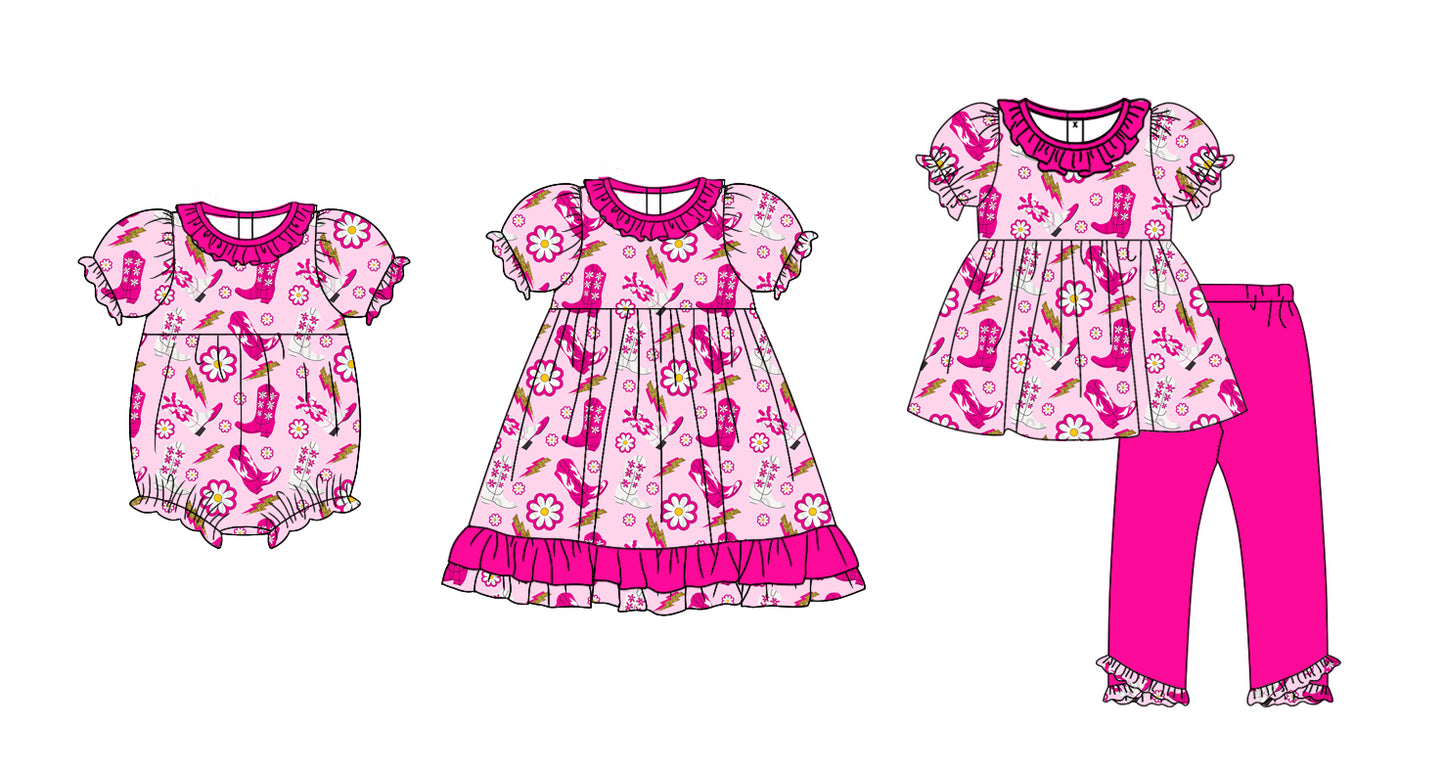 12.2 custom each style moq 5eta 4-6week Sibling Sister boots floral pink baby girl sets and dress and rompers match family design