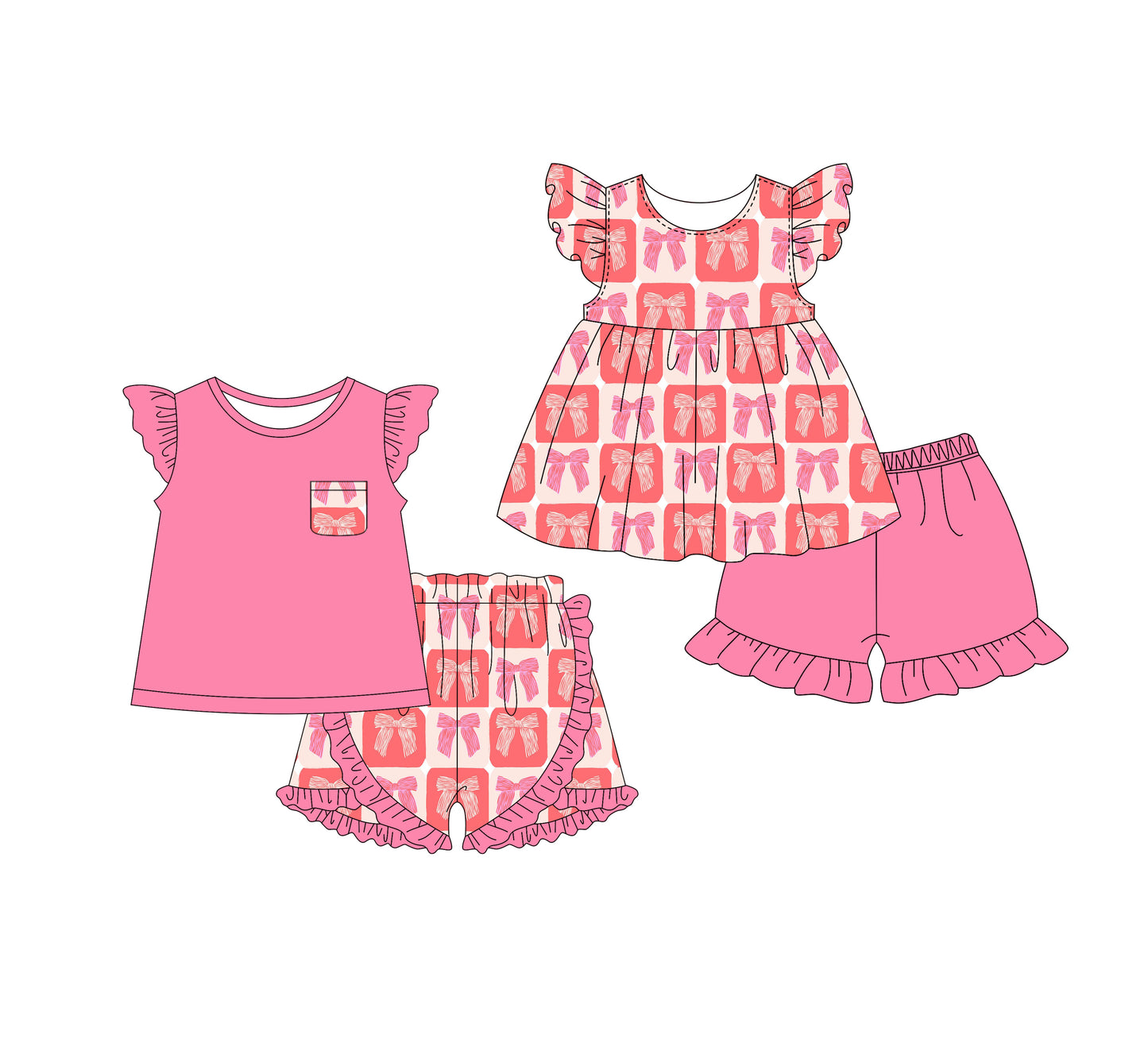 1.16 custom each style moq 5eta 4-6week Sibling Sister bow baby girl short sleeve shorts sets and dresses match design
