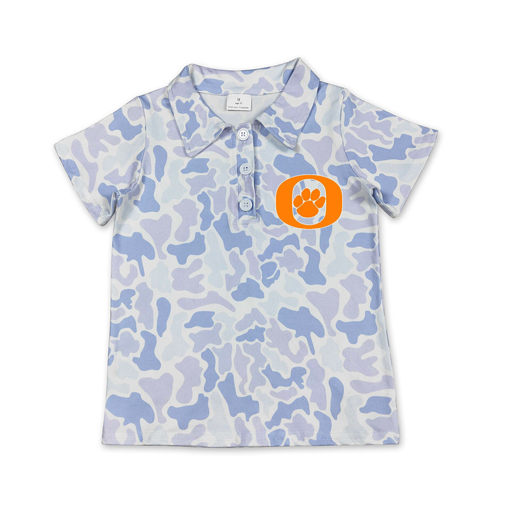 Custom moq 5 mix size milk silk summer teams Baby Boys Short Sleeve Light Blue Camo Button Polo Shirts Top