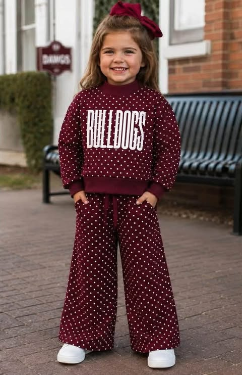 custom moq 5 mix size HYPL01 Adult To Match Kids High Team Maroon Polka Dot Sweatshirt Drawstring Wide Leg Pants Sets