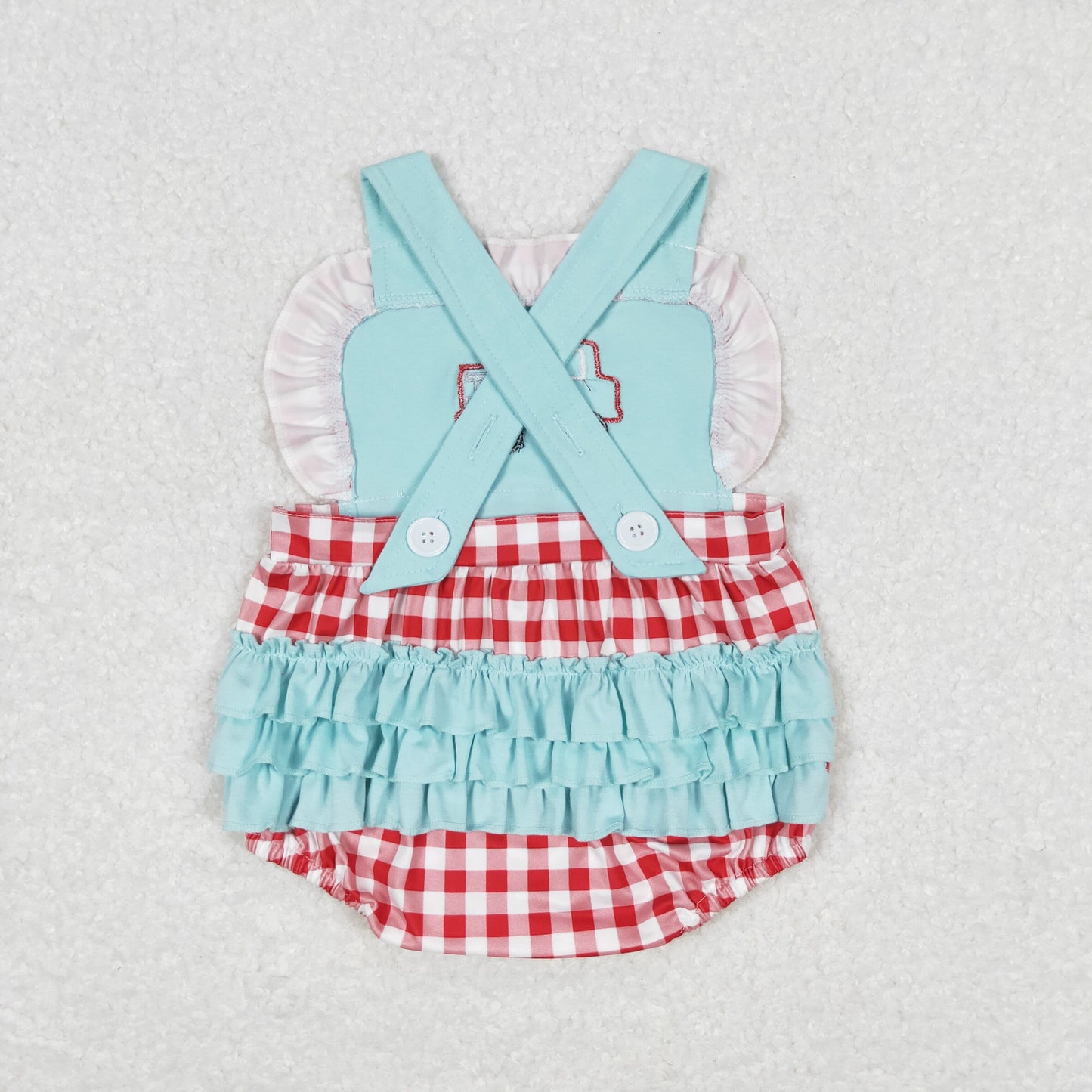 RTS NO MOQ(In Stock) Embroidered fire engine red plaid blue lace vest jumpsuit