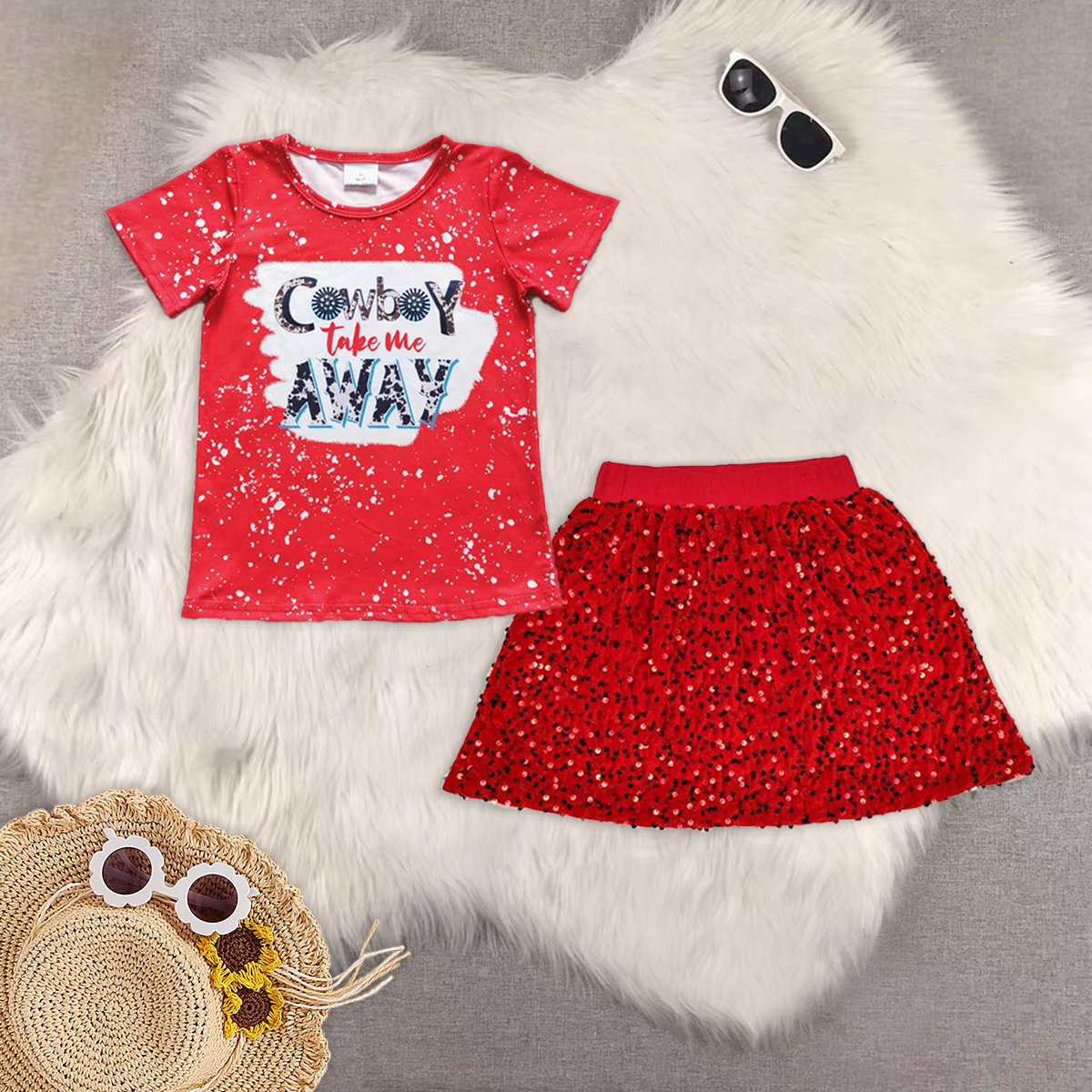 RTS NO MOQ GT0105+GLK0027 Cowboy Red short-sleeved top sequin skirt sets