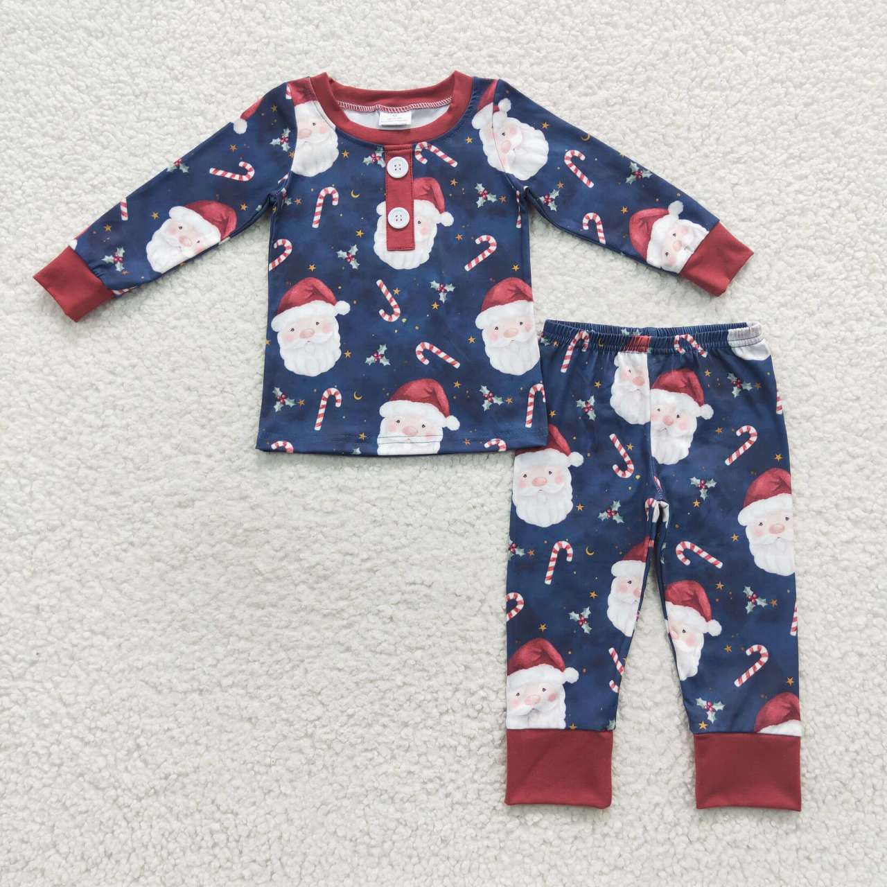RTS NO MOQ(In Stock ) Candy Cane Santa Navy Blue Long Sleeve Pantsuit