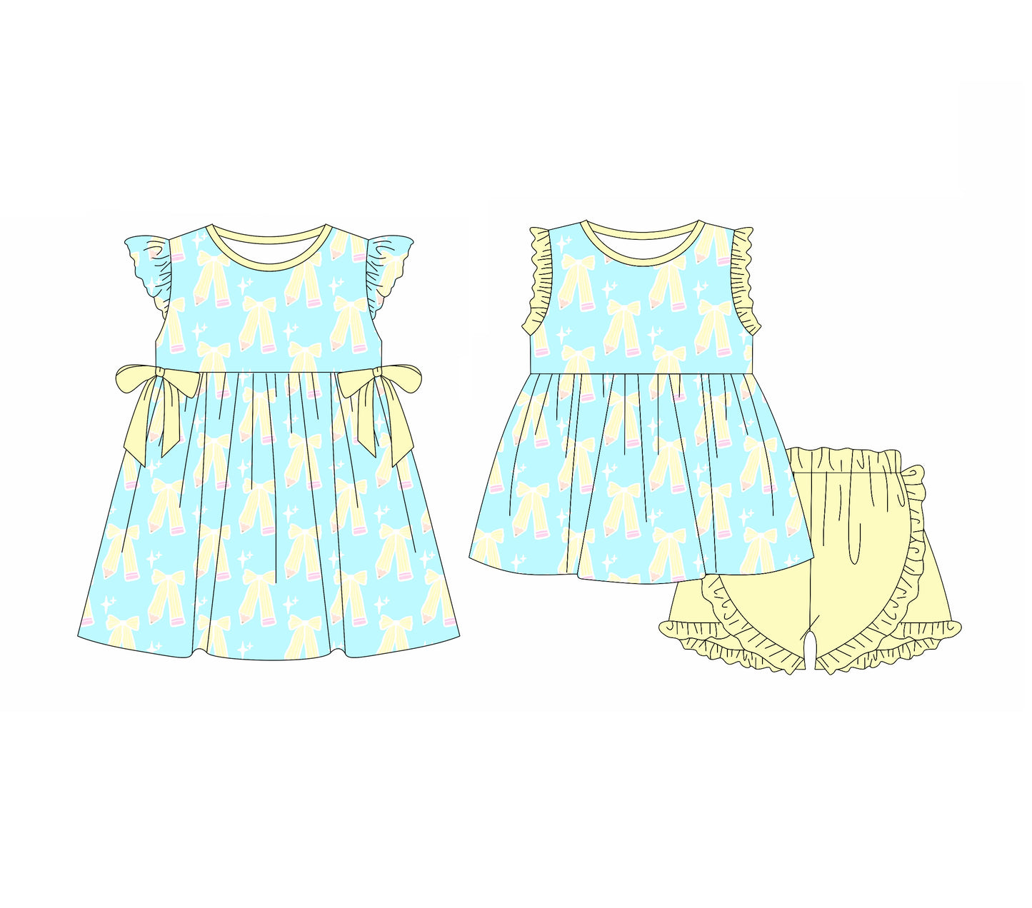 3.31 custom each style moq 5eta 4-6week Sibling Sister pencil bow baby girl short sleeve shorts sets and dresses match design