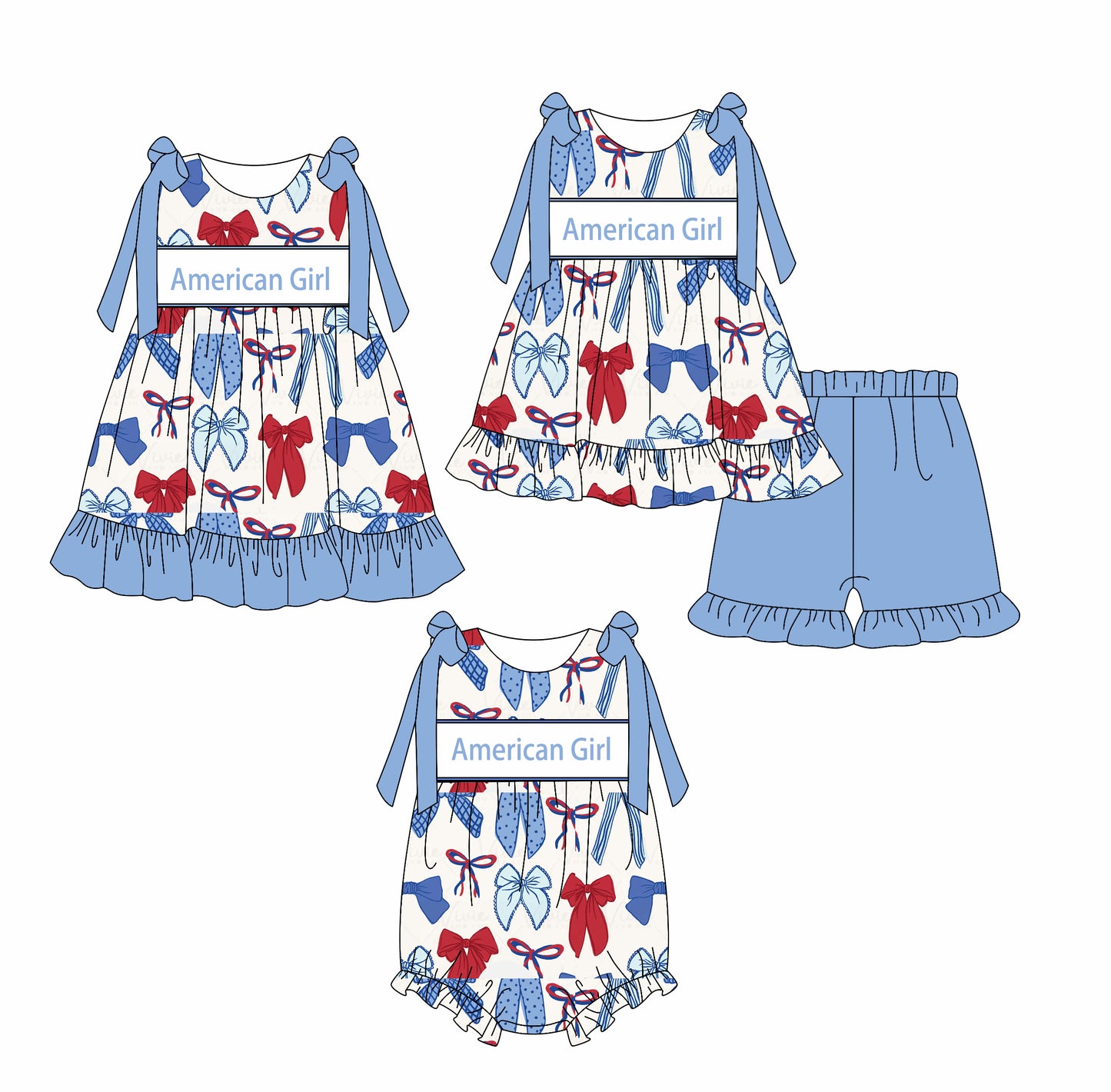 2.19 custom each style moq 5eta 4-6week Sibling Sisters American Girl bow baby girl short sleeve shorts sets and dress and rompers match family design