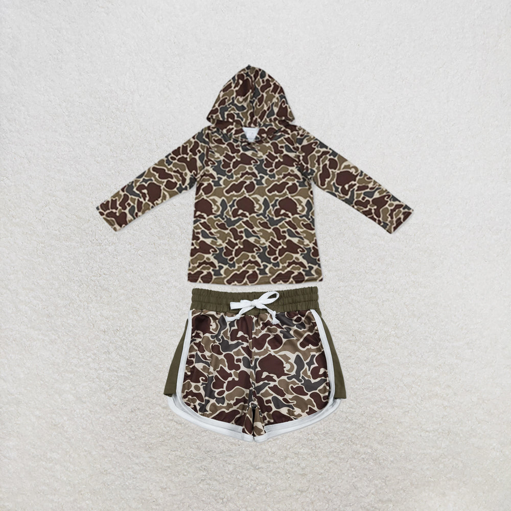 RTS NO MOQ Sibling milk silk Baby Boys Dark Khaki Camo Long Sleeve Hoodies Top Pocket Short Clothes Set