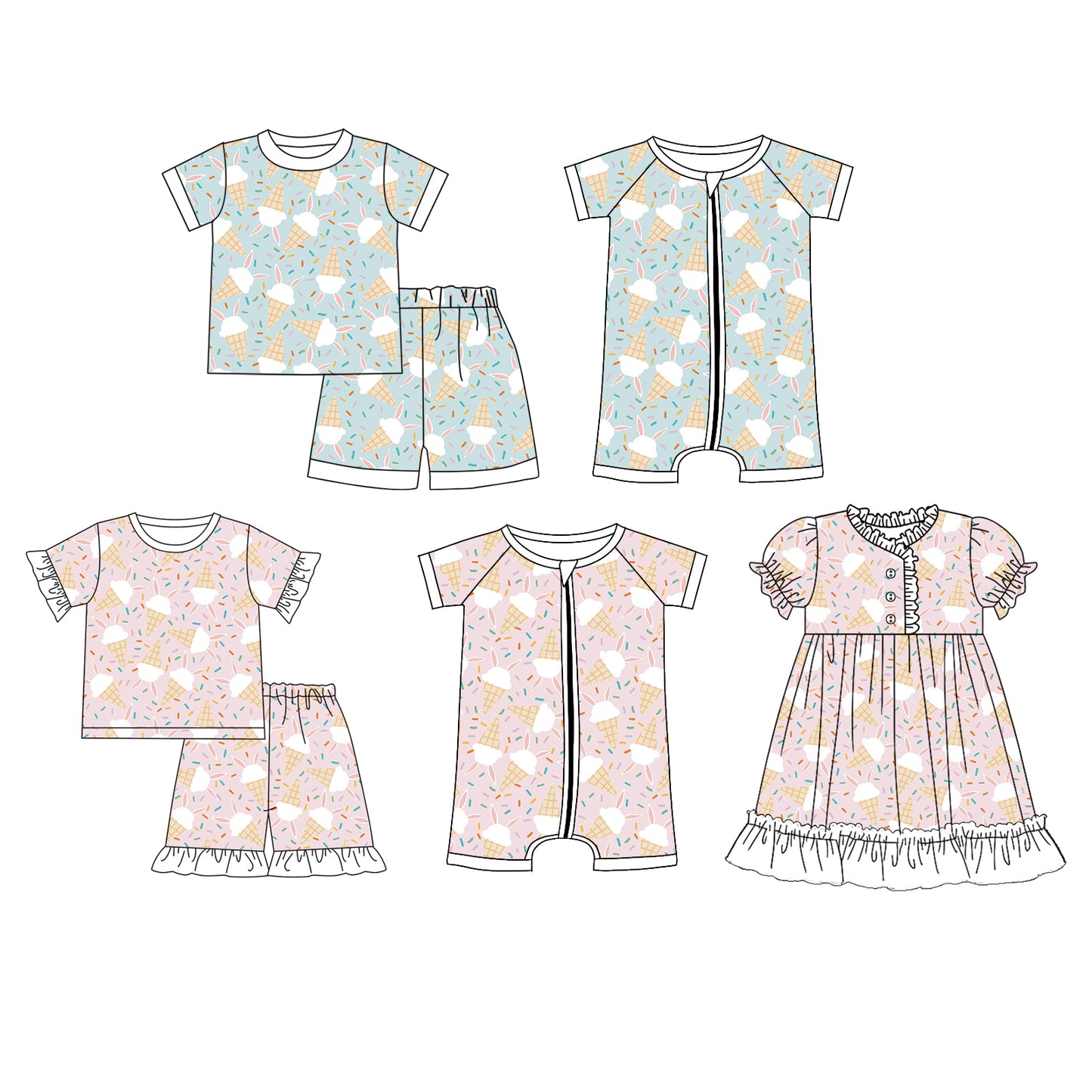 12.14 custom each style moq 5eta 4-6week Sibling Sister ice cream baby girl short sleeve shorts sets and sets 2 and girls romper and boy romper and boy romper and dress match design