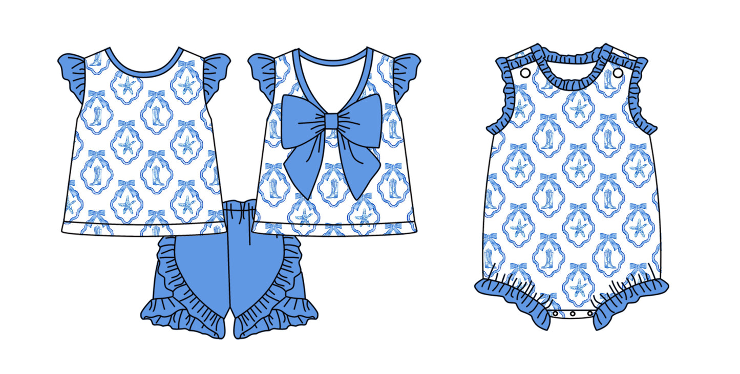 2.10 custom each style moq 5eta 4-6week Sibling Sister boot bow baby girls short sleeve shorts sets and romper match design