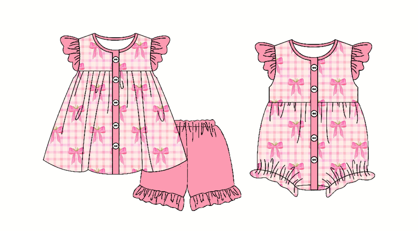 2.22 custom each style moq 5eta 4-6week Sibling Sister bow baby boy short sleeve shorts sets and romper match design