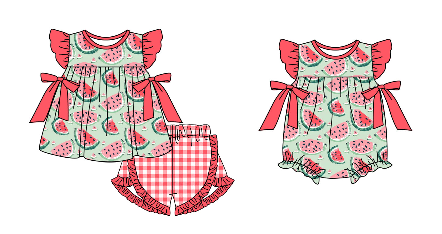 11.3 custom each style moq 5eta 4-6week Sibling Sister watermelon baby girl short sleeve shorts sets and rompers match design