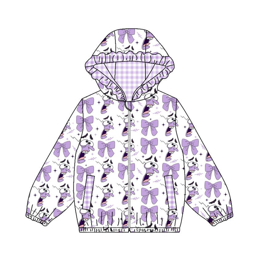 Custom moq 5 mix size milk silk summer baby girls clothes bow purple lace hooded long sleeve top-25.11.4