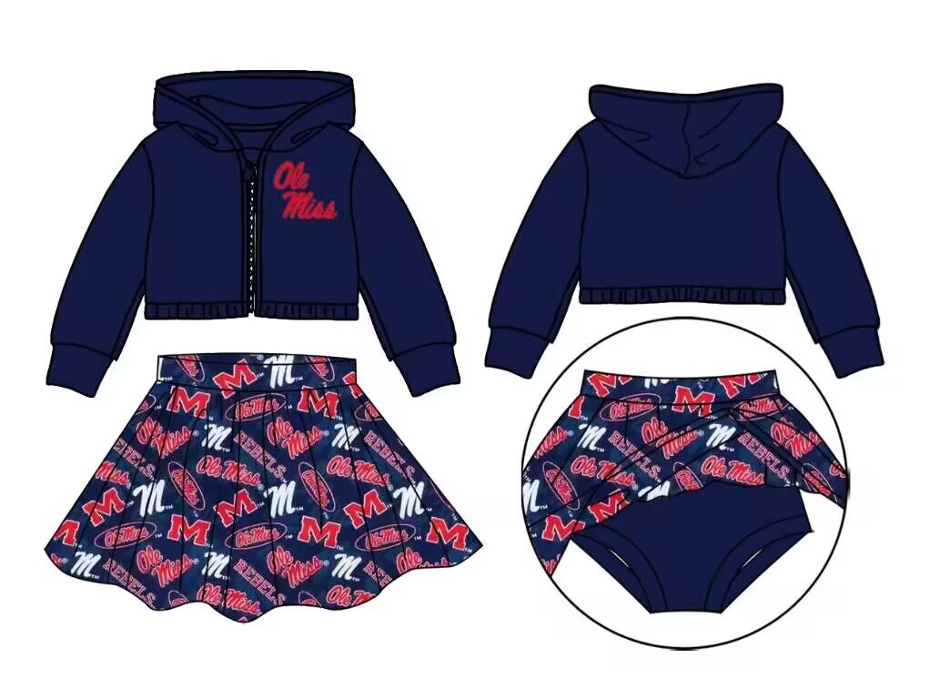 custom moq 3 eta 6-7weeks team summer baby girls clothes blue hooded with skirts sets